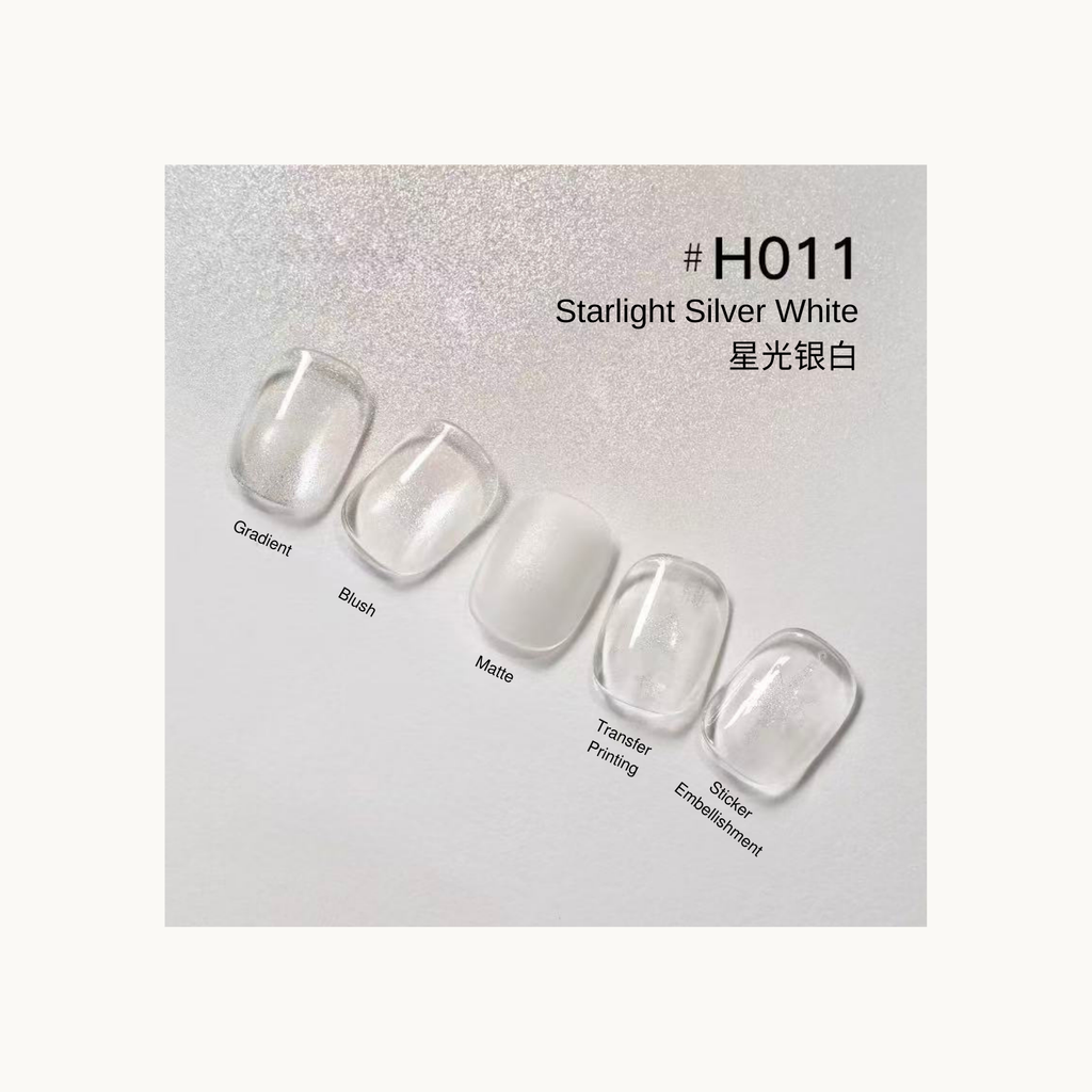 Starlight Silver White gradient, blush, matte and printed silver nail press-on set