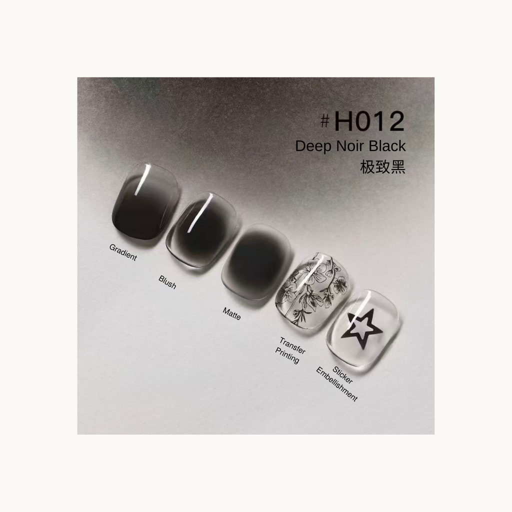 Deep Noir Black gradient, blush, matte and floral printed black press-on nails