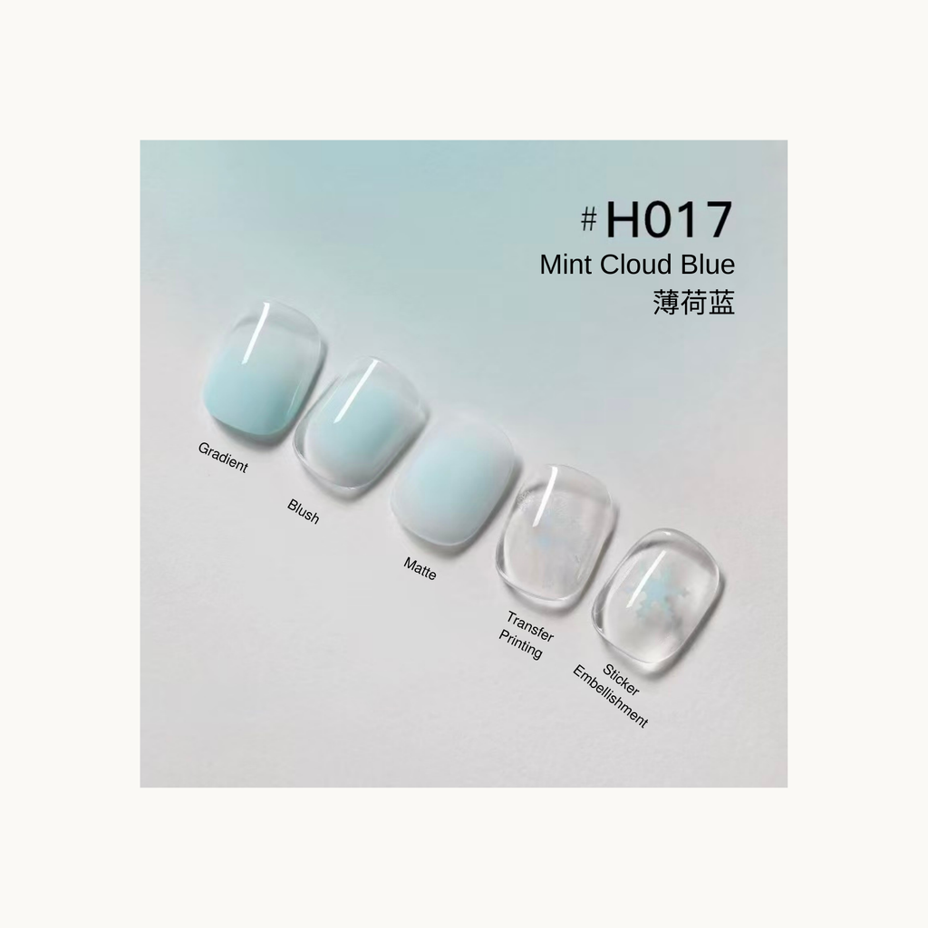 Mint Cloud Blue soft blue gradient, matte and light printed press-on nail set