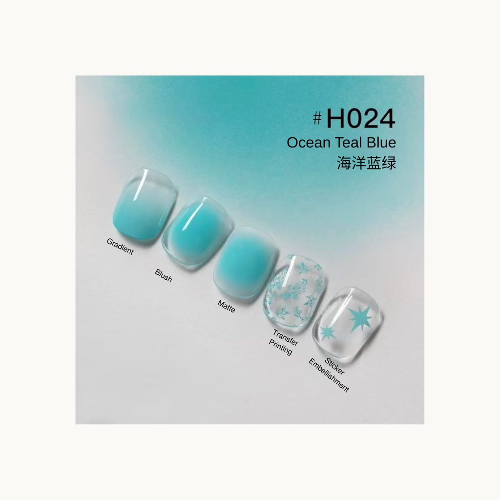 Teal blue gradient nail wraps with floral transfer print in shade H024 Ocean Teal Blue