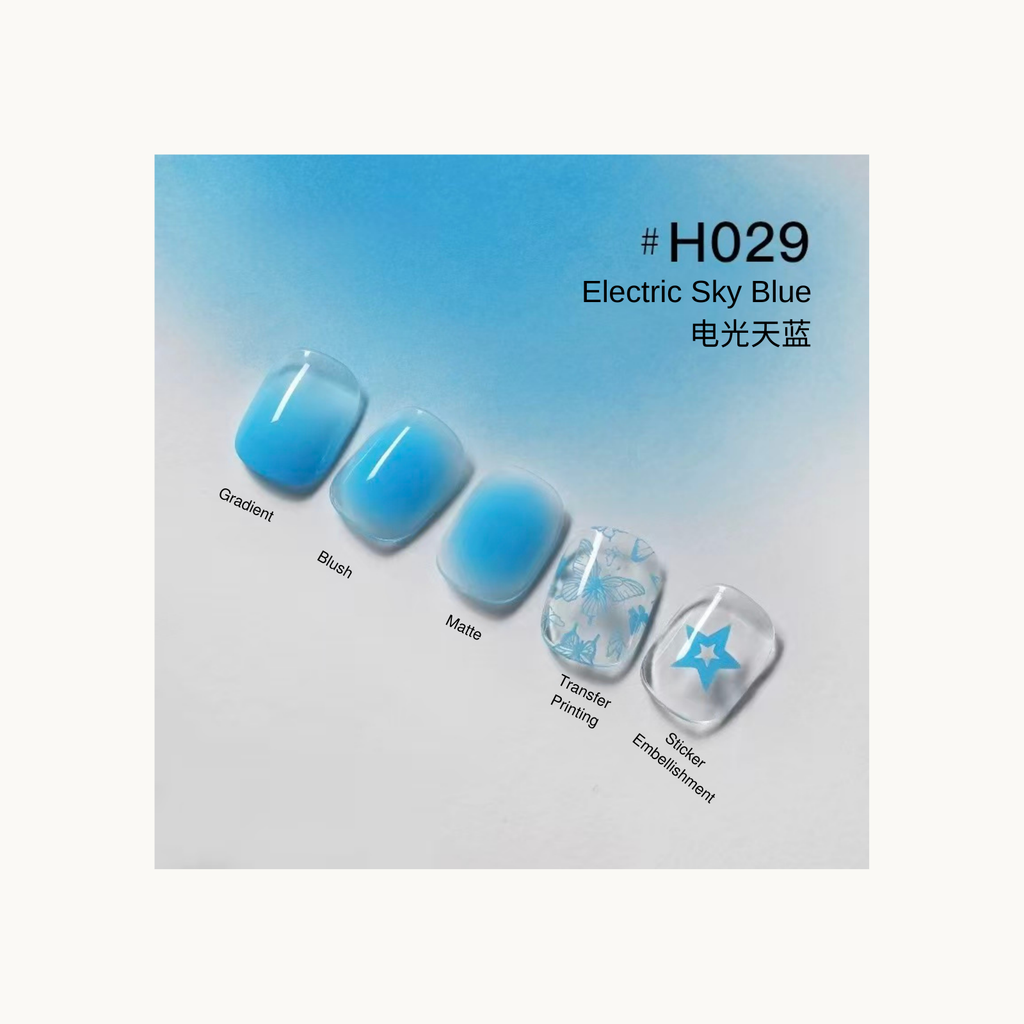 Sky-blue gradient nail wraps with butterfly print in shade H029 Electric Sky Blue