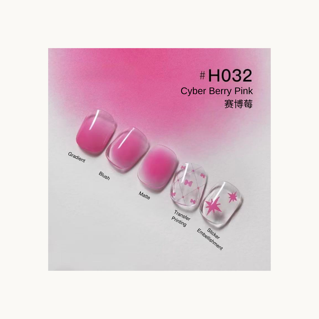 Pink press-on nails in cyber berry shade with gradient, blush, matte, and bow transfer print accents.