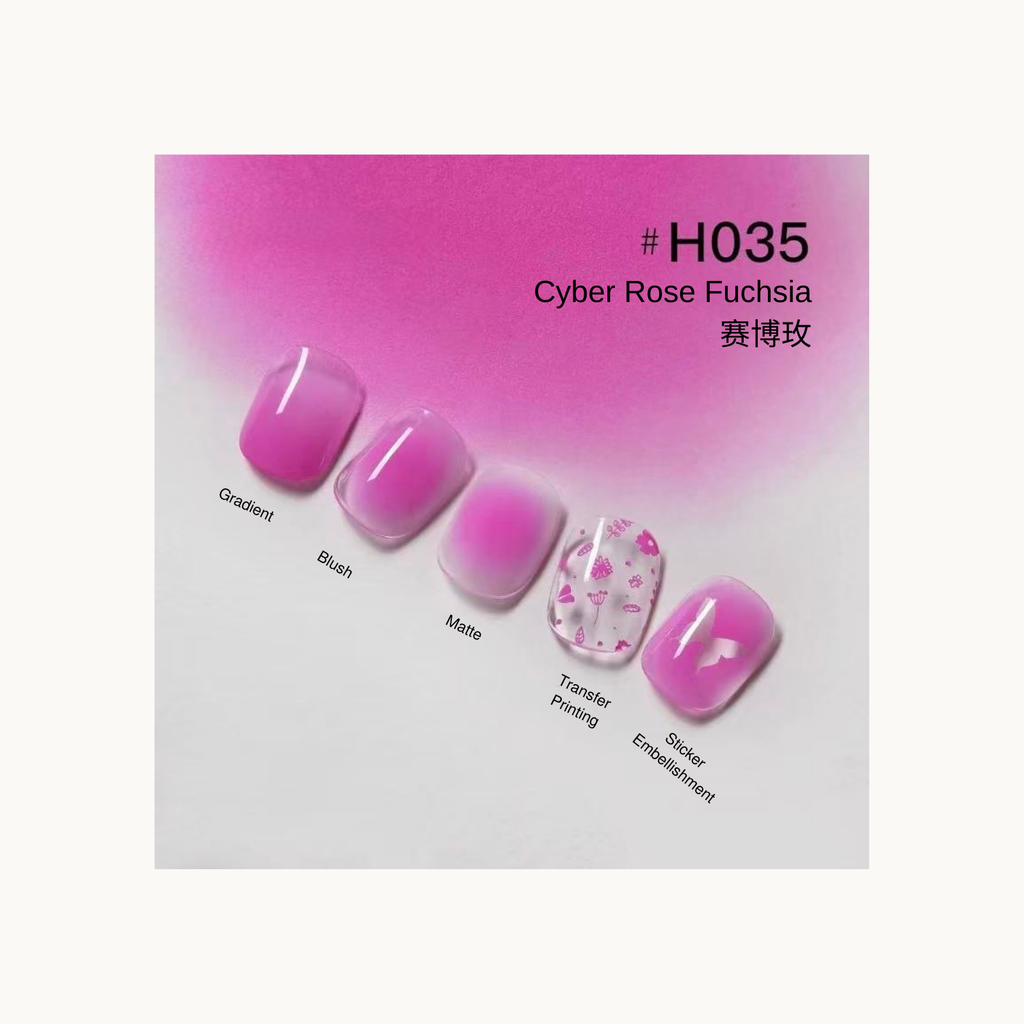 Fuchsia press-on nails with gradient, blush, matte finish, and heart-themed sticker embellishments.