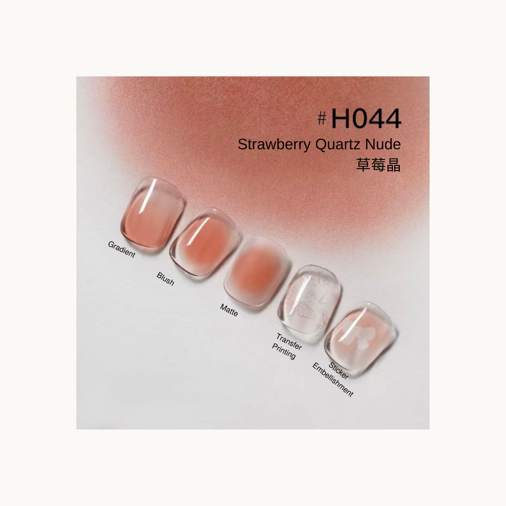 Taye Nformula Life strawberry quartz nude press-on nails with soft gradient, blush, matte style, and floral transfer details.