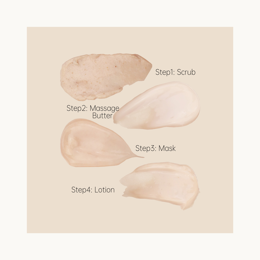 Texture swatches of the HIGHS Black Tea four-step pedicure treatment including scrub, massage butter, mask, and lotion