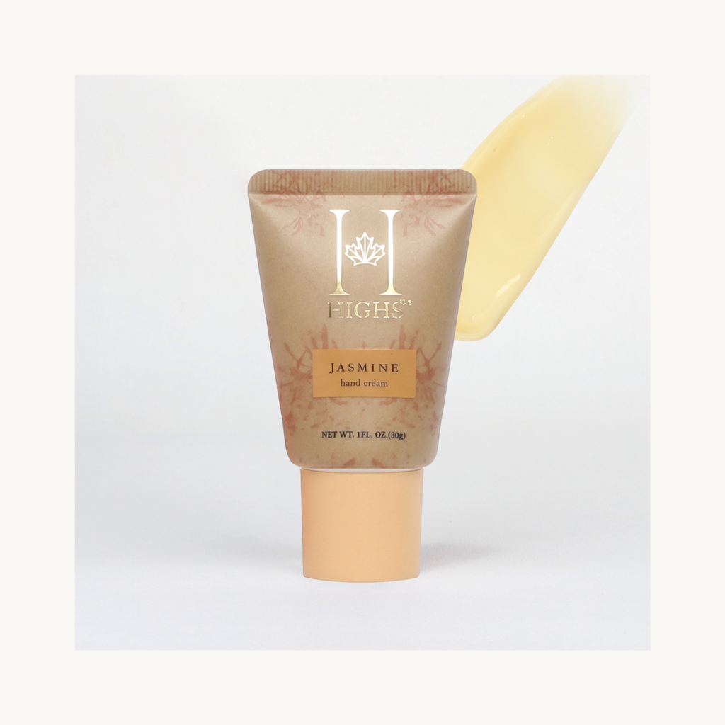 HIGHS Jasmine Hand Cream with texture swatch, lightweight hydrating jasmine lotion for soft smooth skin
