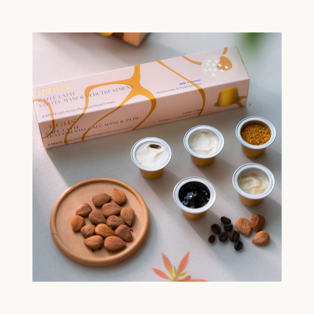 HIGHS Café Latte coffee hand and foot care set showing individual capsules with milk, honey, almonds, and coffee beans for moisturizing spa treatment