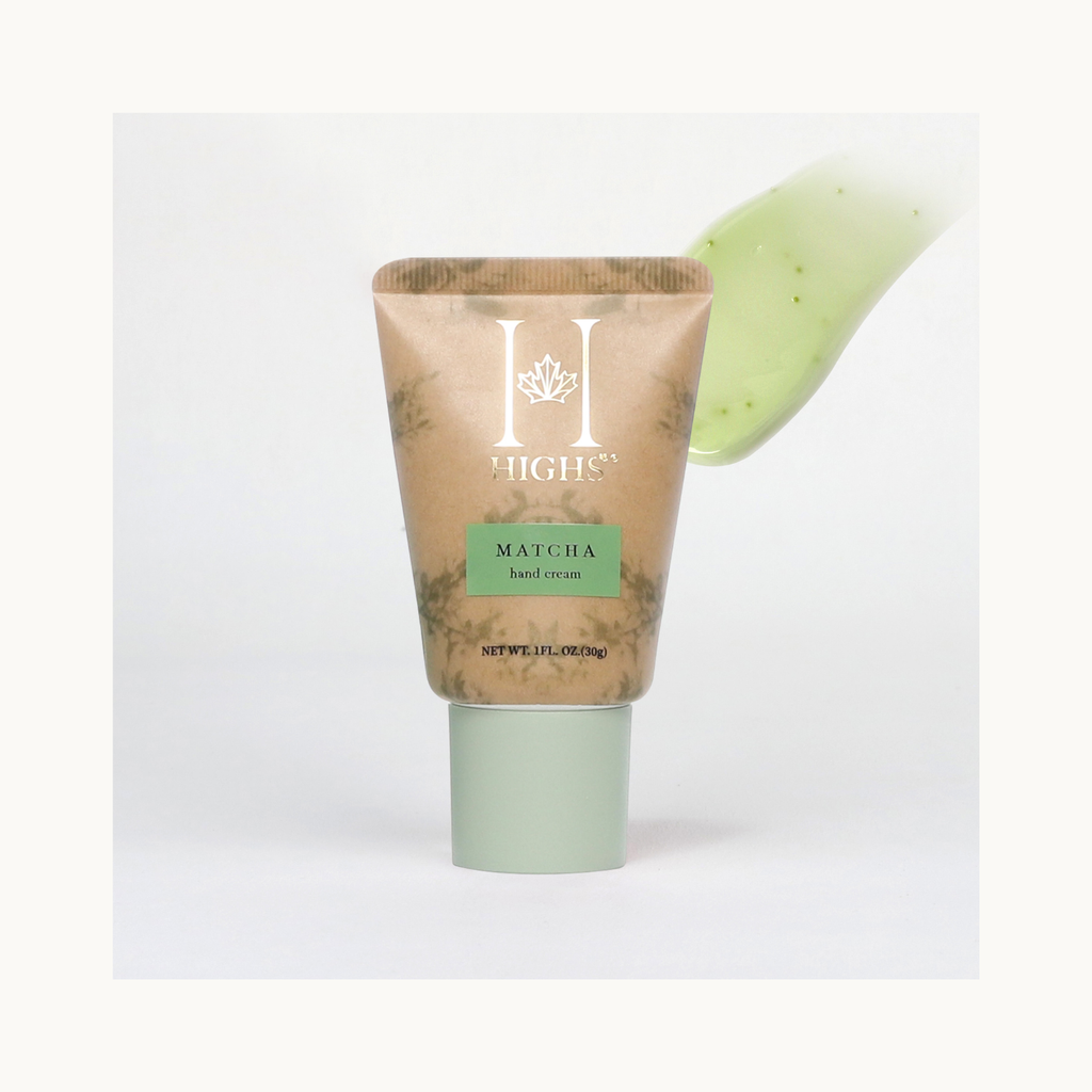 HIGHS Matcha Hand Cream with visible green matcha-infused texture shown beside product tube