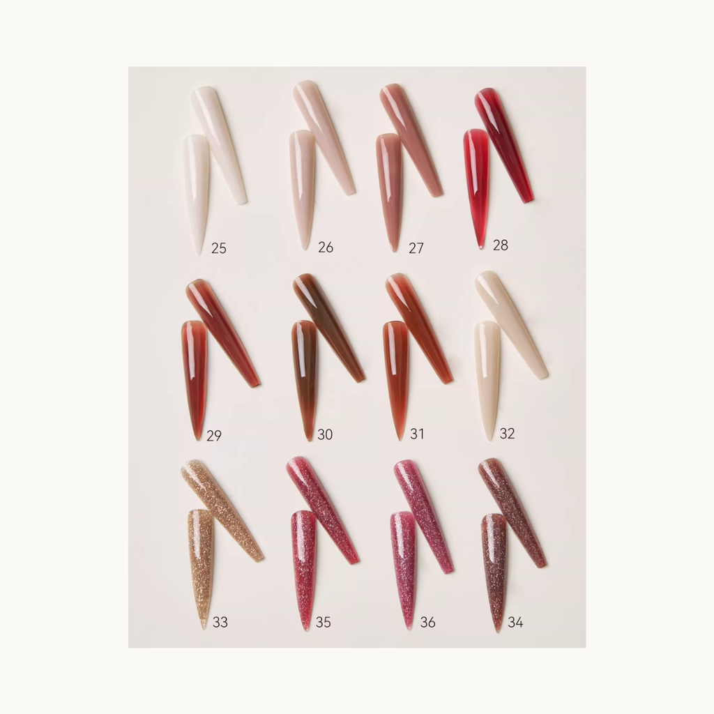 Color swatch chart of MODING builder gel shades Q25 to Q36 arranged in rows on a white background.