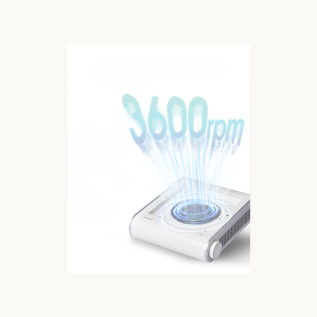 MODING nail dust collector demonstrating strong 3600rpm airflow for efficient manicure dust suction