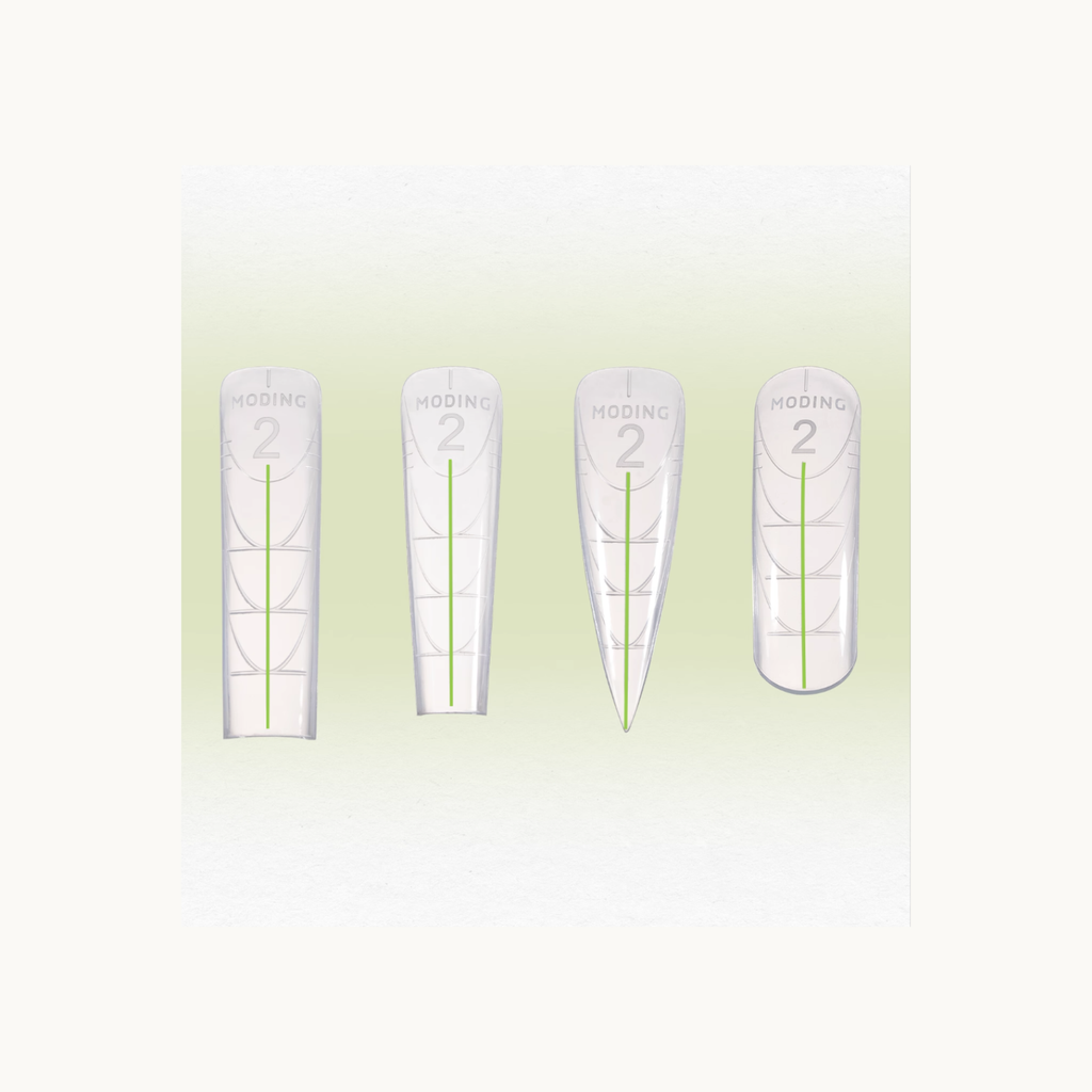 MODING nail dual-form collection showing four shapes: square, tapered, stiletto, and round