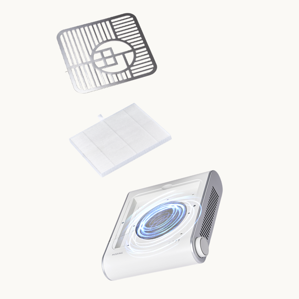 Exploded view of MODING nail dust collector showing metal grill, replaceable filter, and high-suction motor structure