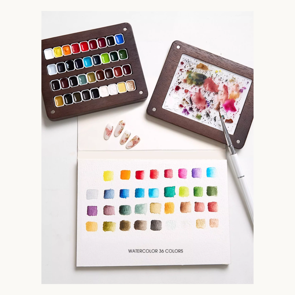MODING 36-color solid watercolor set with wooden palette, mixing board, brush, and full swatch card for nail art.