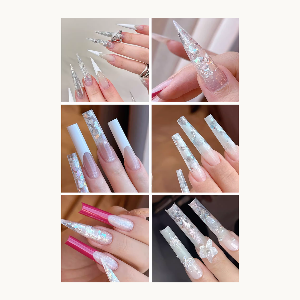Various long nail extension designs created using MODING colored extension gel, featuring clear encapsulation, glitter flakes, French extension shapes, and sculpted effects.