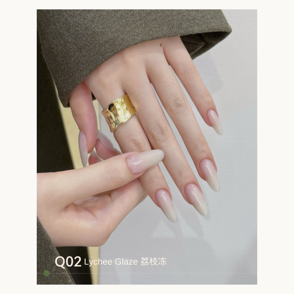 Sheer beige-nude gradient nails in an elegant almond shape using MODING Q02 Almond Frost.