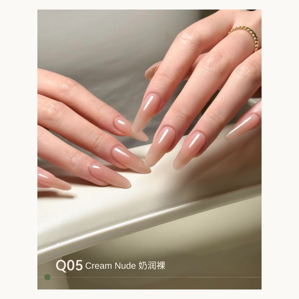 Warm creamy nude nails with a glossy natural finish using MODING Q05 Cream Nude.