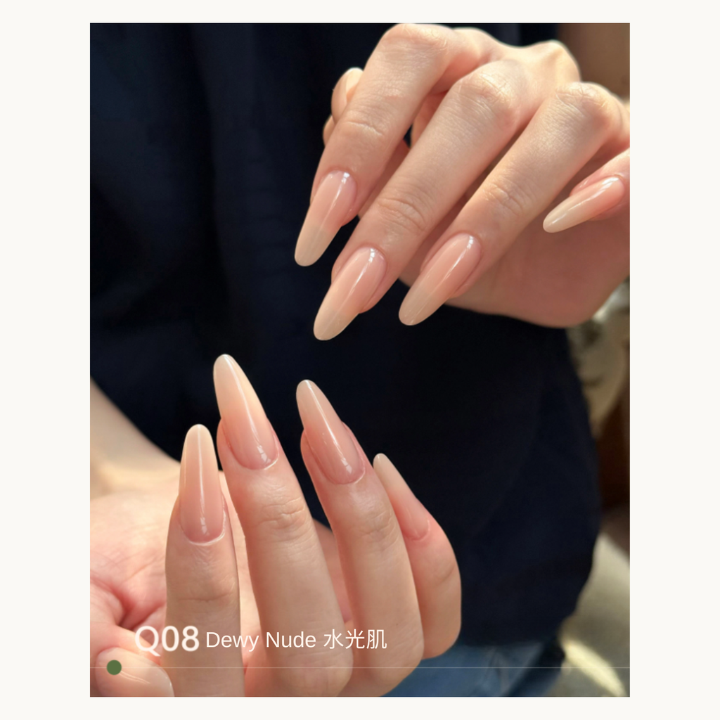 Sheer warm nude nails with a dewy glossy finish using MODING Q08 Dewy Glow.