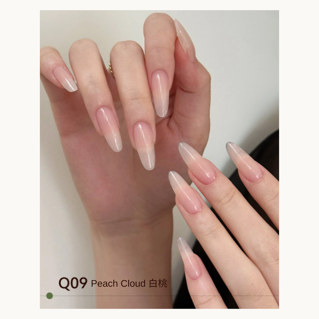 Translucent peach nude nails with a soft gradient using MODING Q09 White Peach.