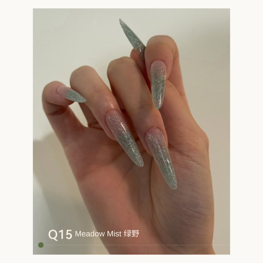 Soft green-silver glitter gradient nails using MODING Q15 Meadow Sparkle.