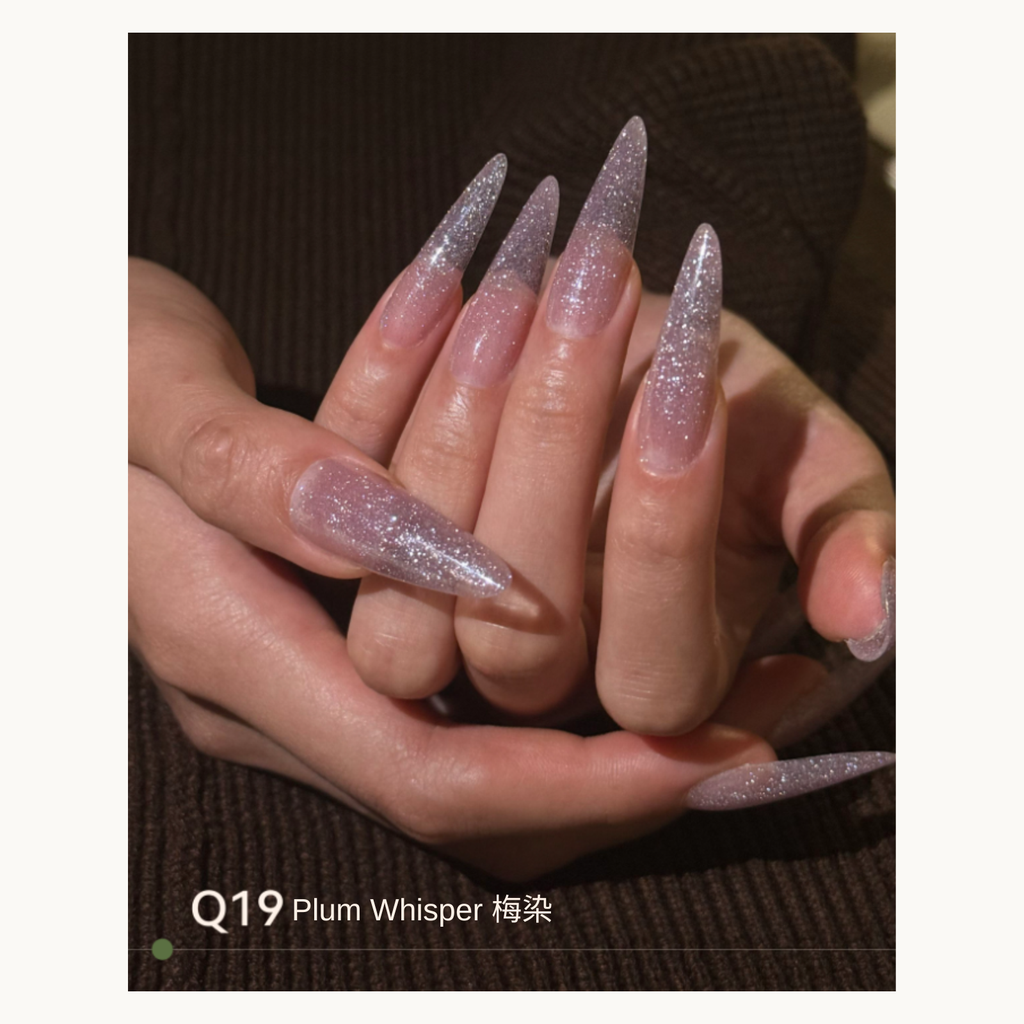 Sheer plum purple glitter ombré nails with a sparkling finish using MODING Q19 Plum Haze.