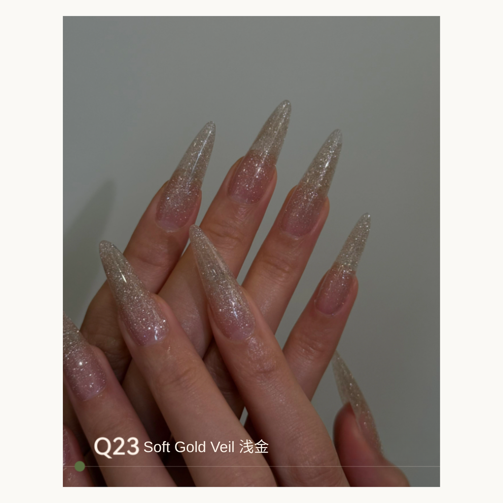 Elegant pale-gold glitter ombré nails using MODING Q23 Soft Gold.