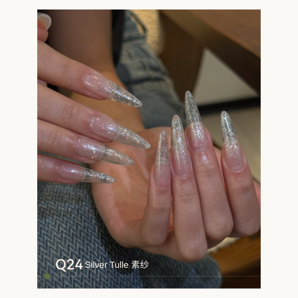 Fine silver glitter gradient nails with a soft gauzy shimmer using MODING Q24 Silver Gauze.