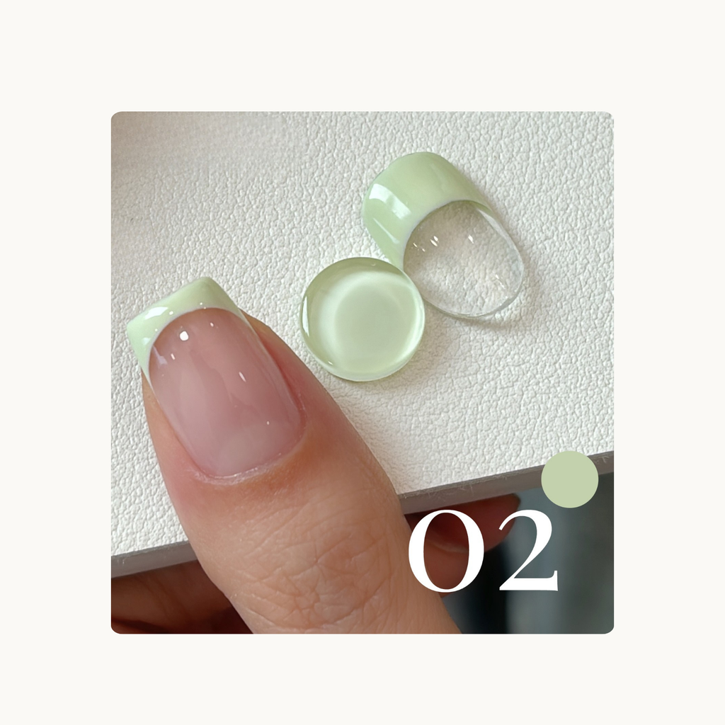 French tip gel swatch in shade 02 light avocado green, with clean one-stroke smile line.