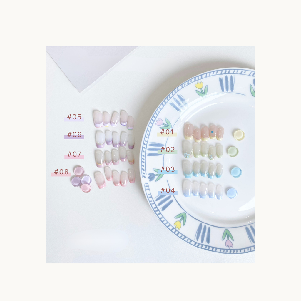 French manicure designs using shades 01–08 with natural base and soft pastel french tips.