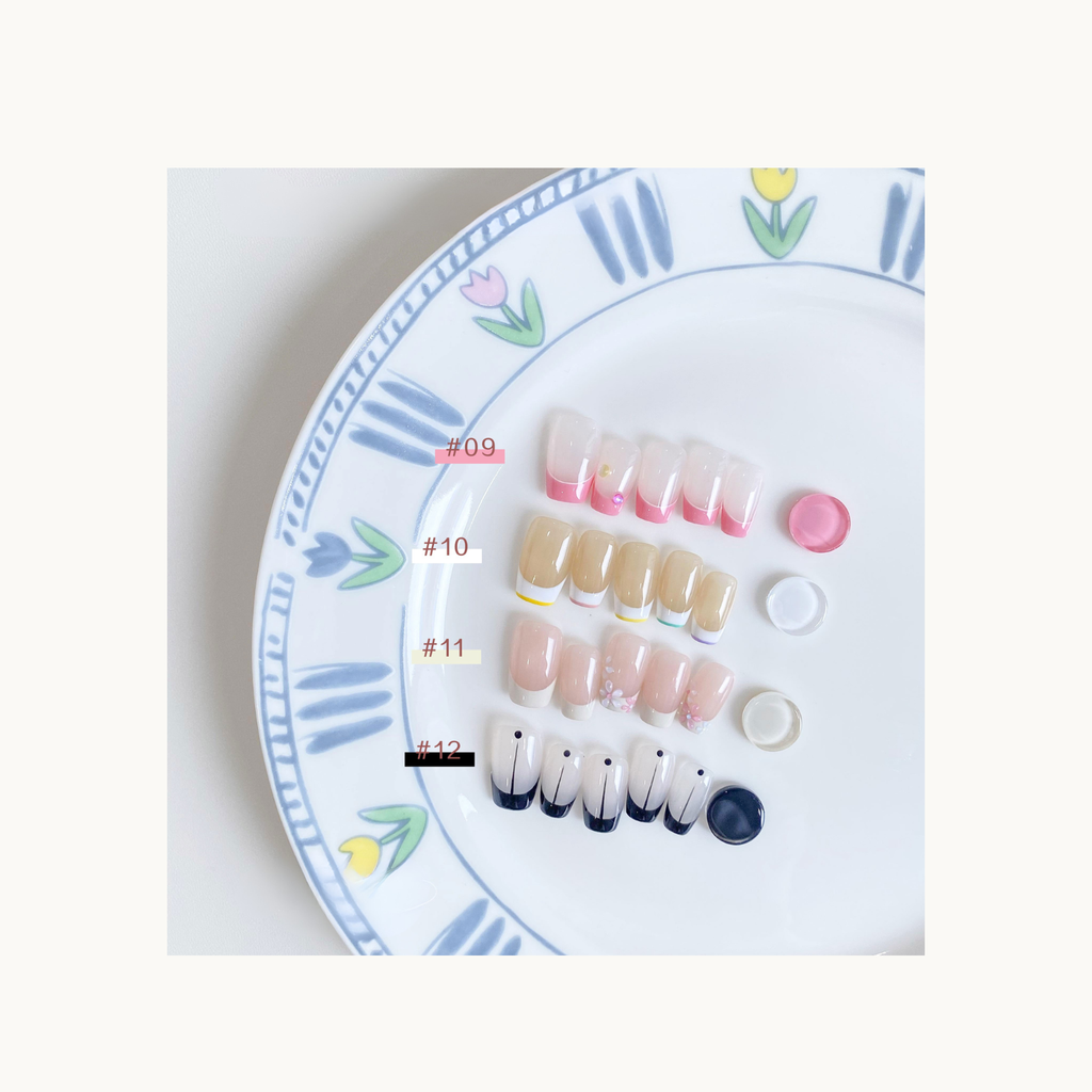 French manicure design samples using deeper shades 09–12, including pink, nude, ivory and navy tips.