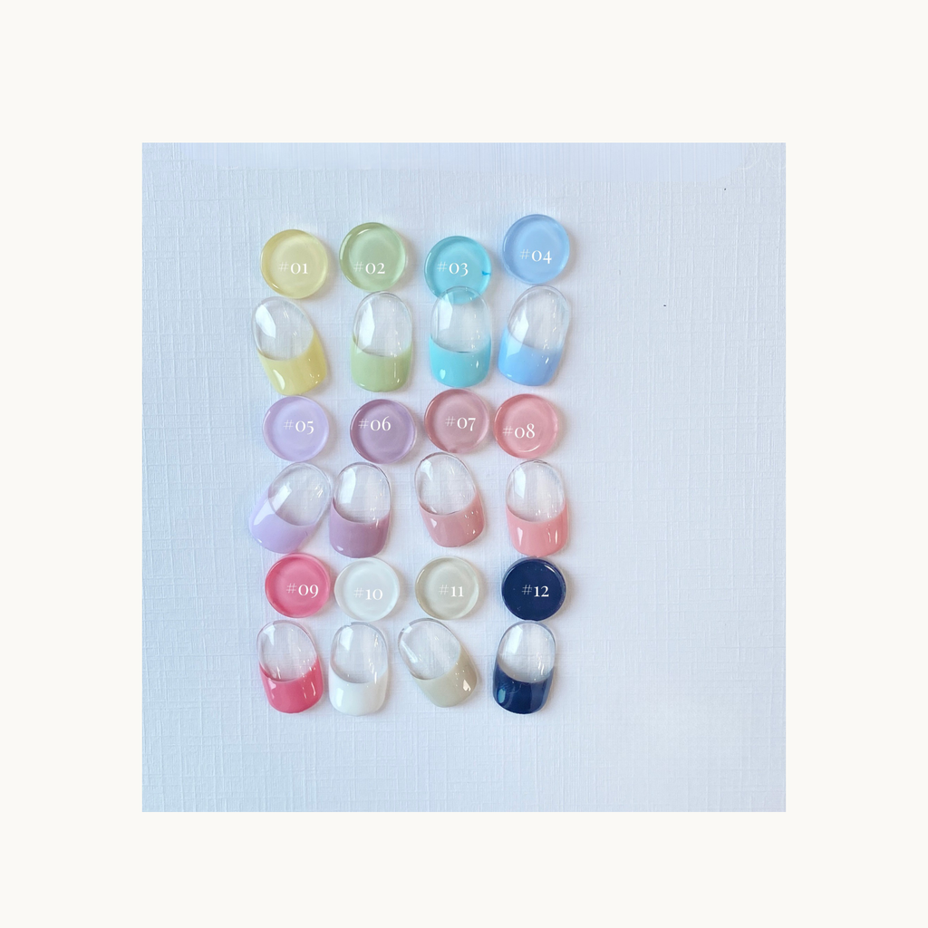 Complete 12-shade French Gel color chart including pastel and classic tones for one-stroke french nails.
