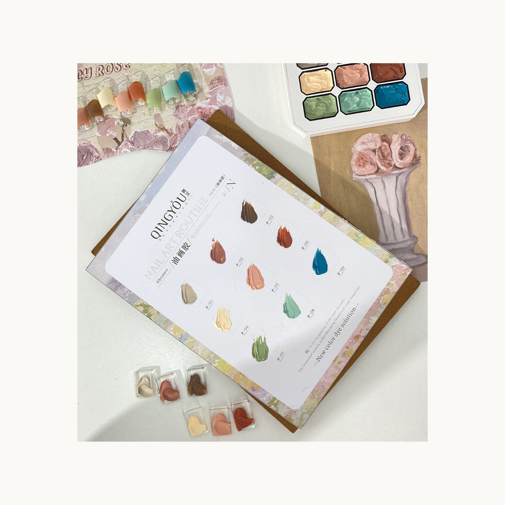 Fancy Rose palette box, individual gel blocks, and pastel-neutral nail swatches arranged together