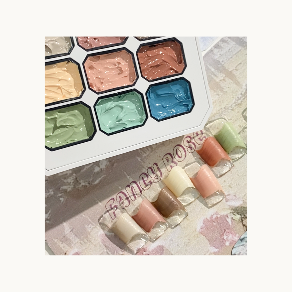Color chart and swatches of Fancy Rose oil-painting gel palette showing 9 curated rose-themed shades