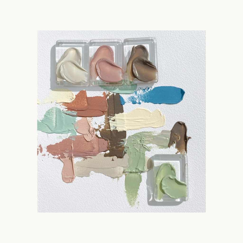 Complete Fancy Rose gel palette with matching nail swatches in rose, peach, green and blue tones