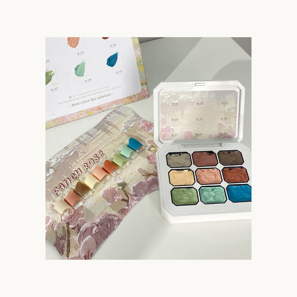 Fancy Rose nail art swatches in rose-garden inspired colors shown with QINGYOU oil-painting gel palette