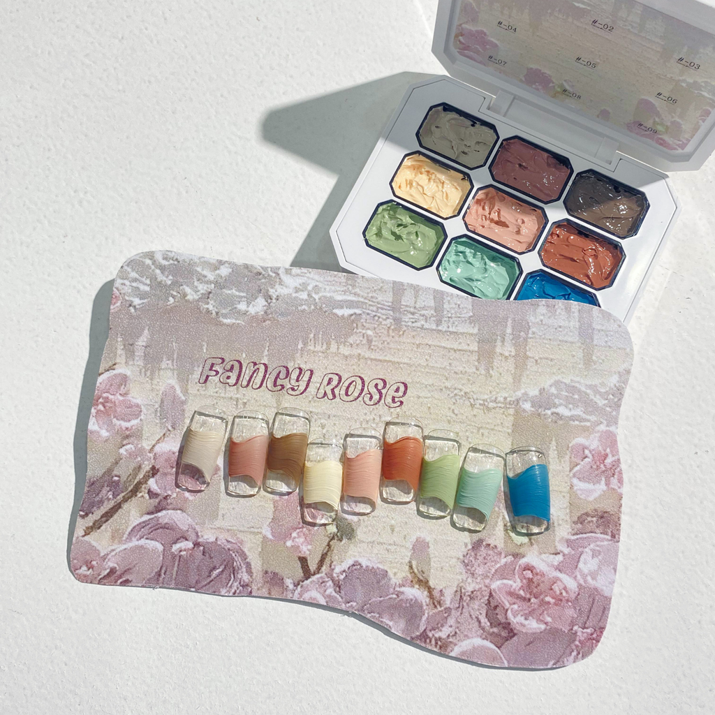 Fancy Rose oil-painting texture gel swatches in warm neutrals and greens from QINGYOU palette