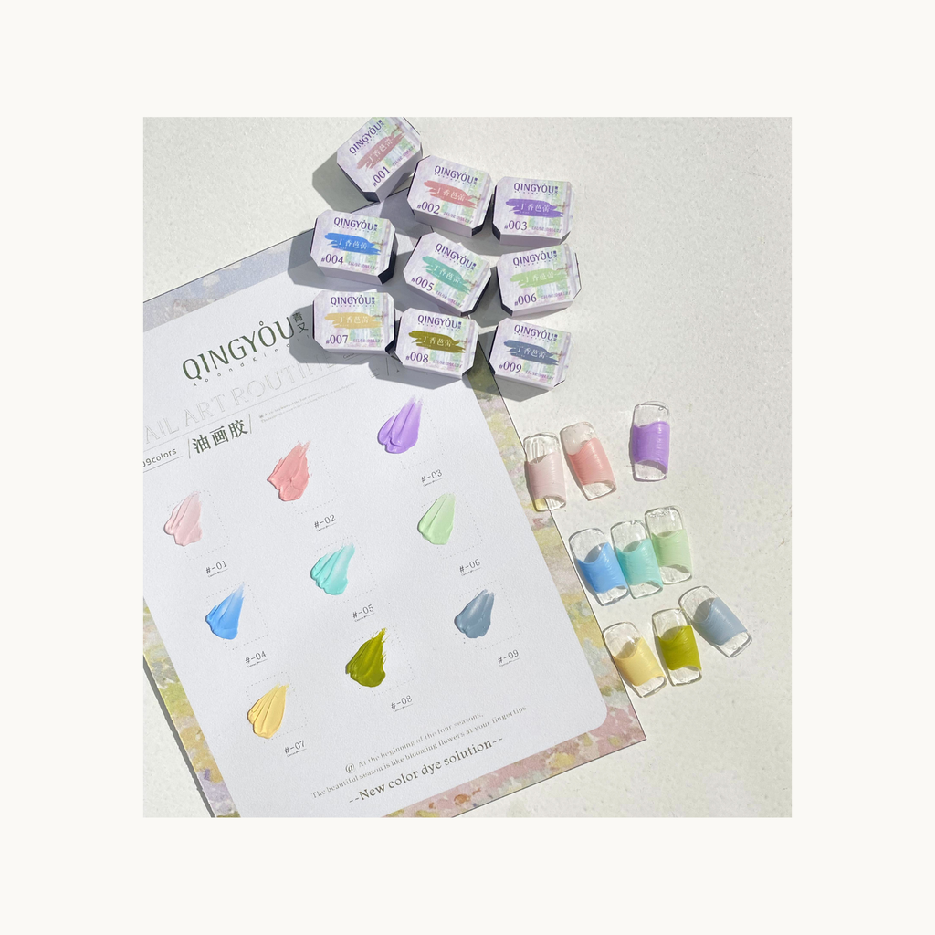 Box packaging, color card, and full palette layout of QINGYOU Lilac Ballet texture art gels