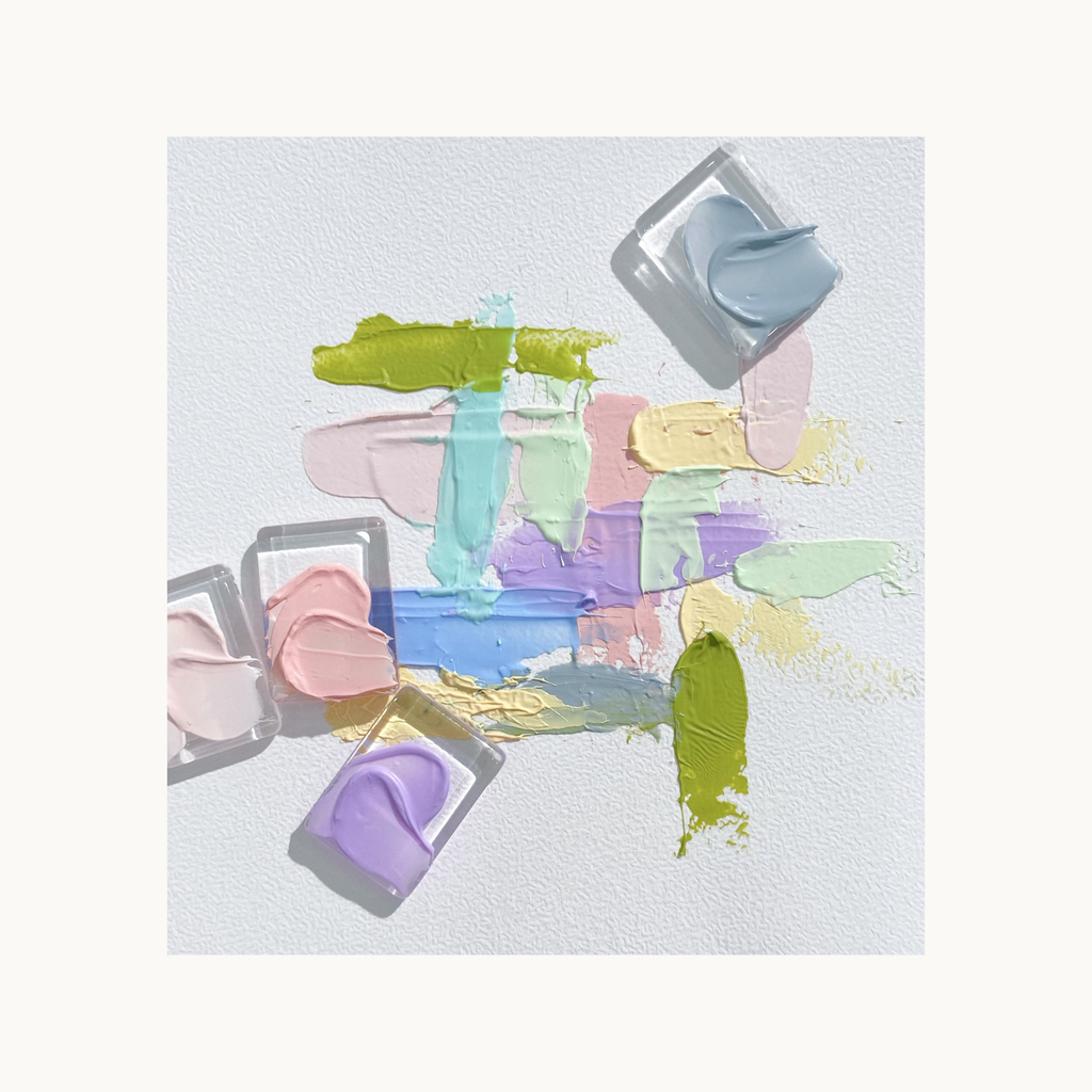 Color chart showing 9 pastel texture art gel shades from QINGYOU Lilac Ballet Palette