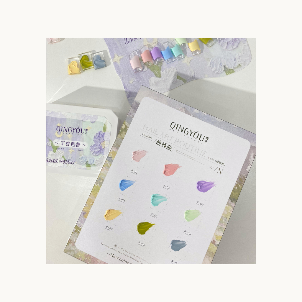 Pastel nail swatches and full 9-color texture gel palette from QINGYOU Lilac Ballet collection
