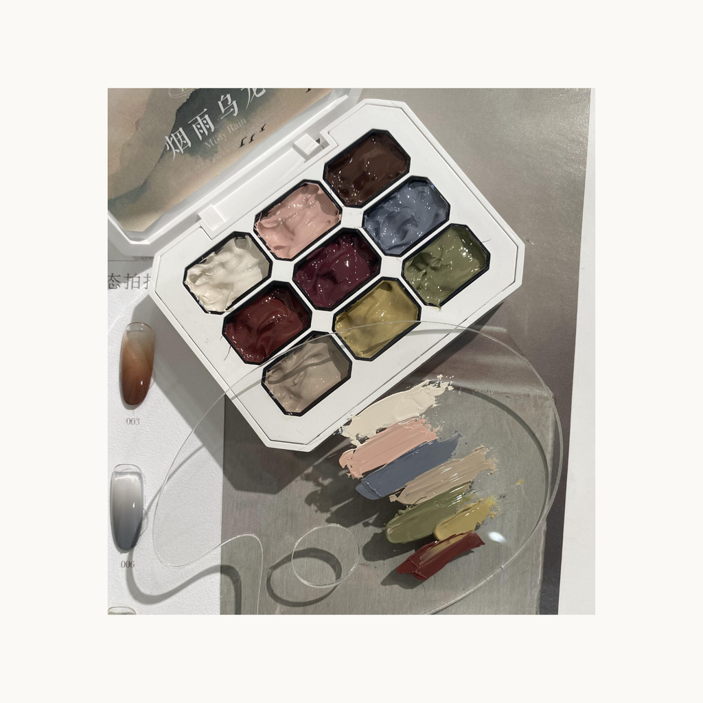 Neutral tea-tone solid art gel palette with earthy swatches from QINGYOU Mist Tea Oolong collection