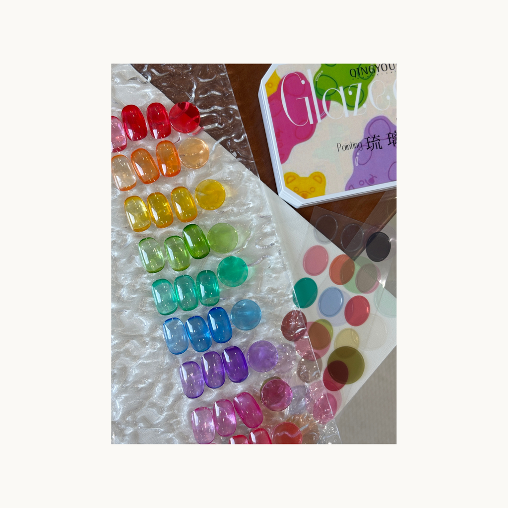 Assorted Qingyou Glazed Painting Gel jelly color pieces in circle and square shapes