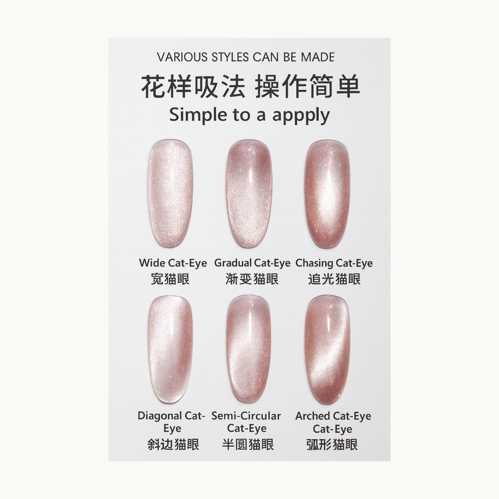 Display of six different magnetic cat-eye gel effects, including wide, gradual, chasing, diagonal, semi-circular, and arched cat-eye styles.
