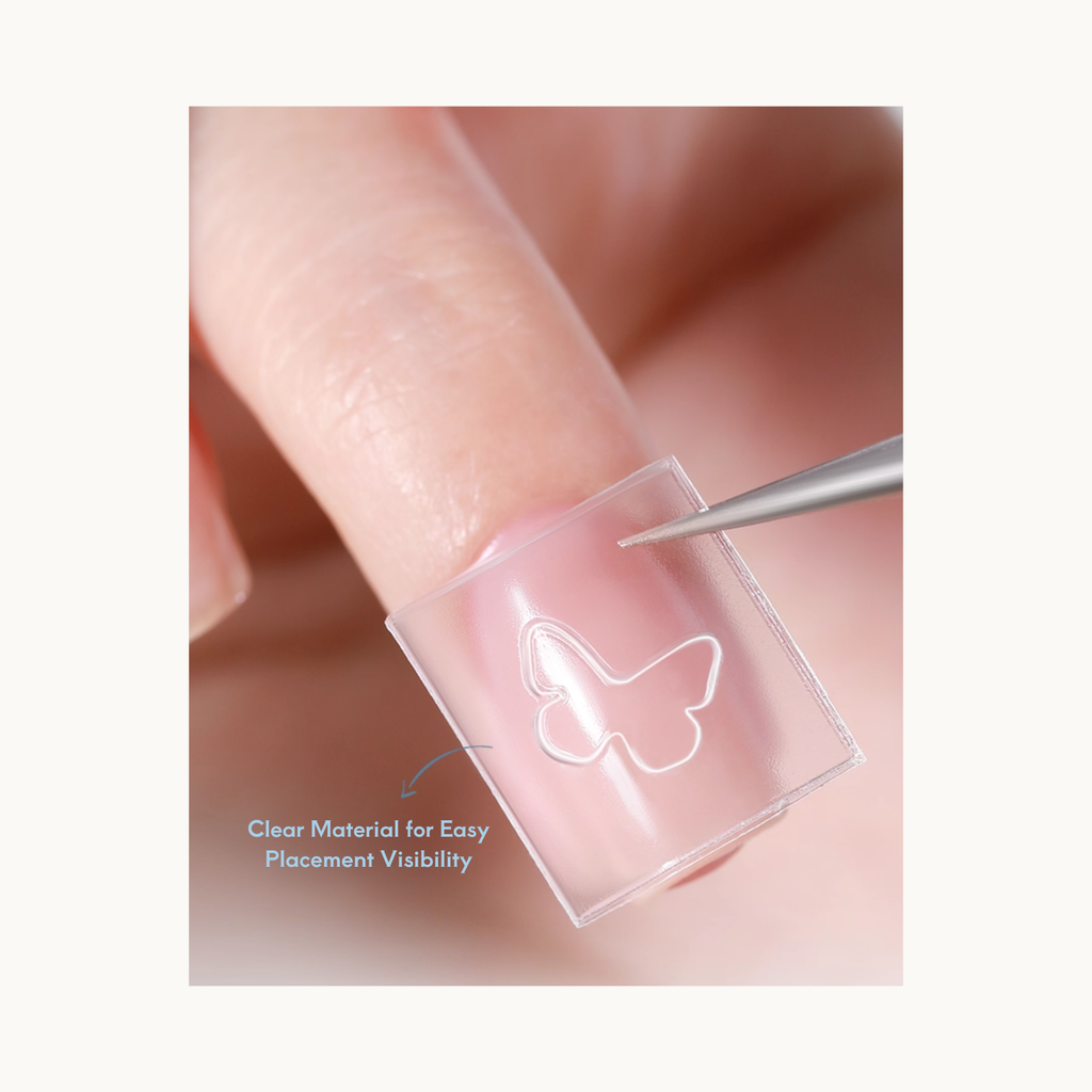 TAYE clear butterfly nail stencil showing easy placement visibility for precise gradient and cutout nail designs.