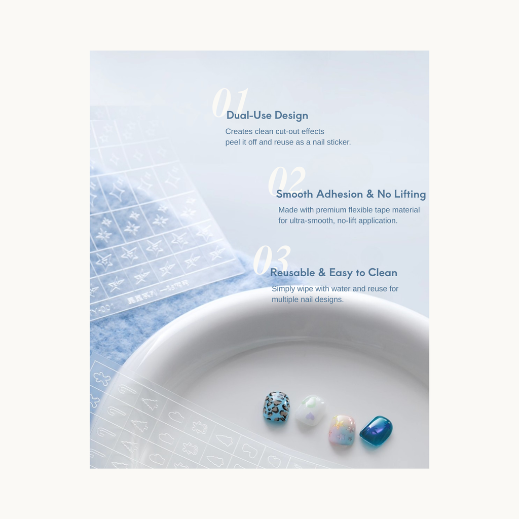 TAYE dual-use nail stencil showing gradient cutout effect and sticker transfer effect tutorial for easy nail art.