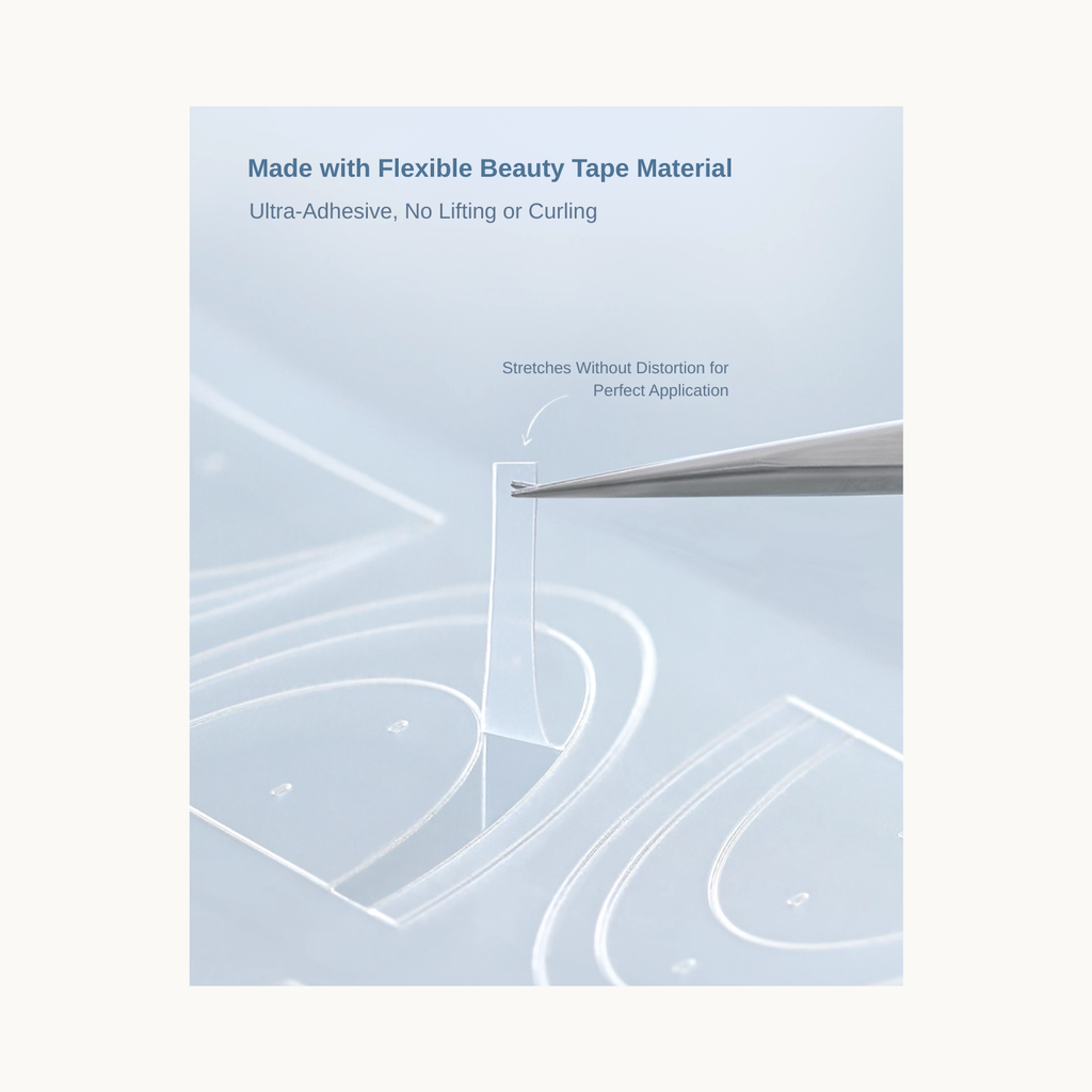 Close-up of TAYE flexible beauty tape nail stencil demonstrating ultra-adhesive, no-lift material that stretches without distortion.