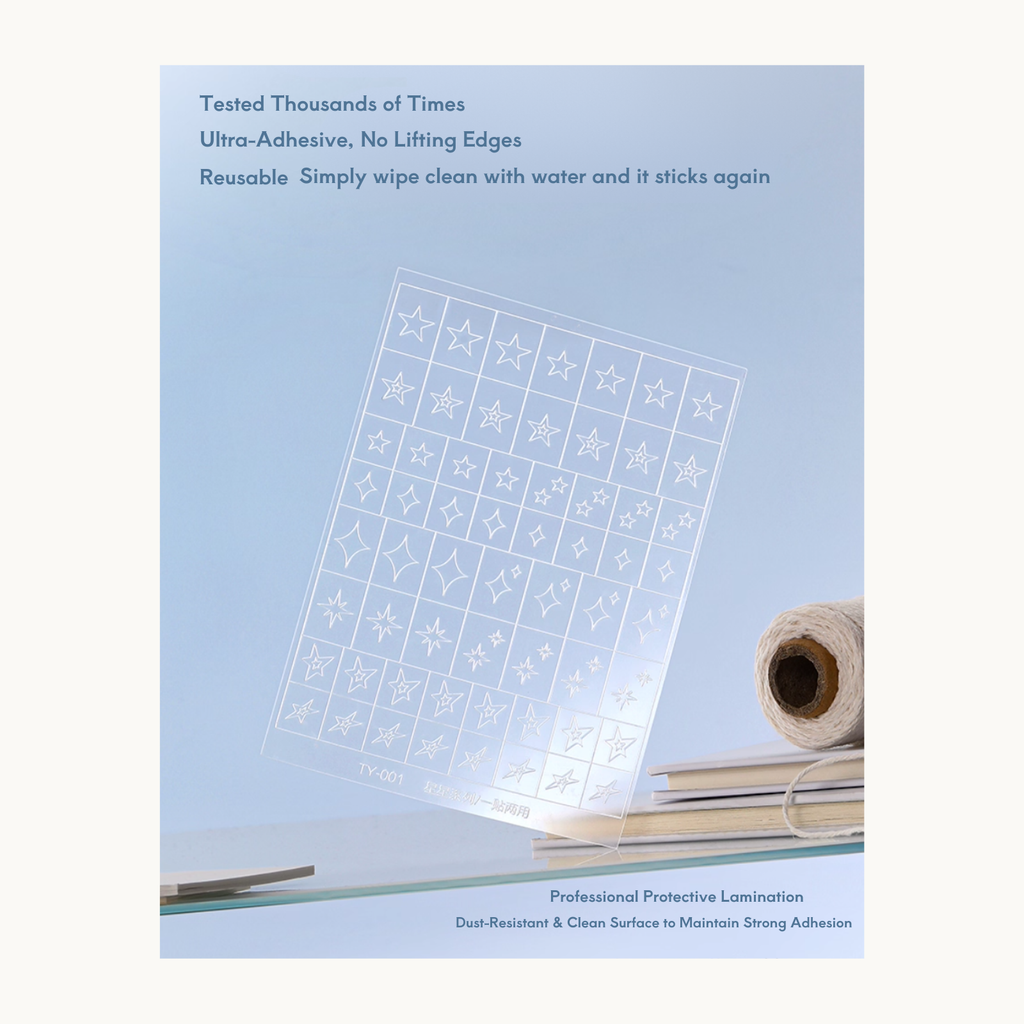 TAYE reusable nail stencil sheet with strong adhesion and clear star grid design, tested for no lifting or curling.