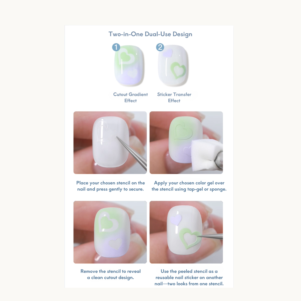 Step-by-step tutorial of TAYE two-in-one nail stencil creating gradient cutout and reusable sticker transfer effects.
