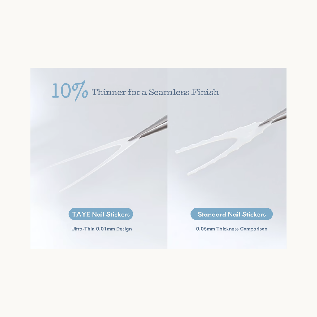 Comparison of TAYE ultra-thin 0.01mm nail stickers versus standard 0.05mm stickers for seamless application.