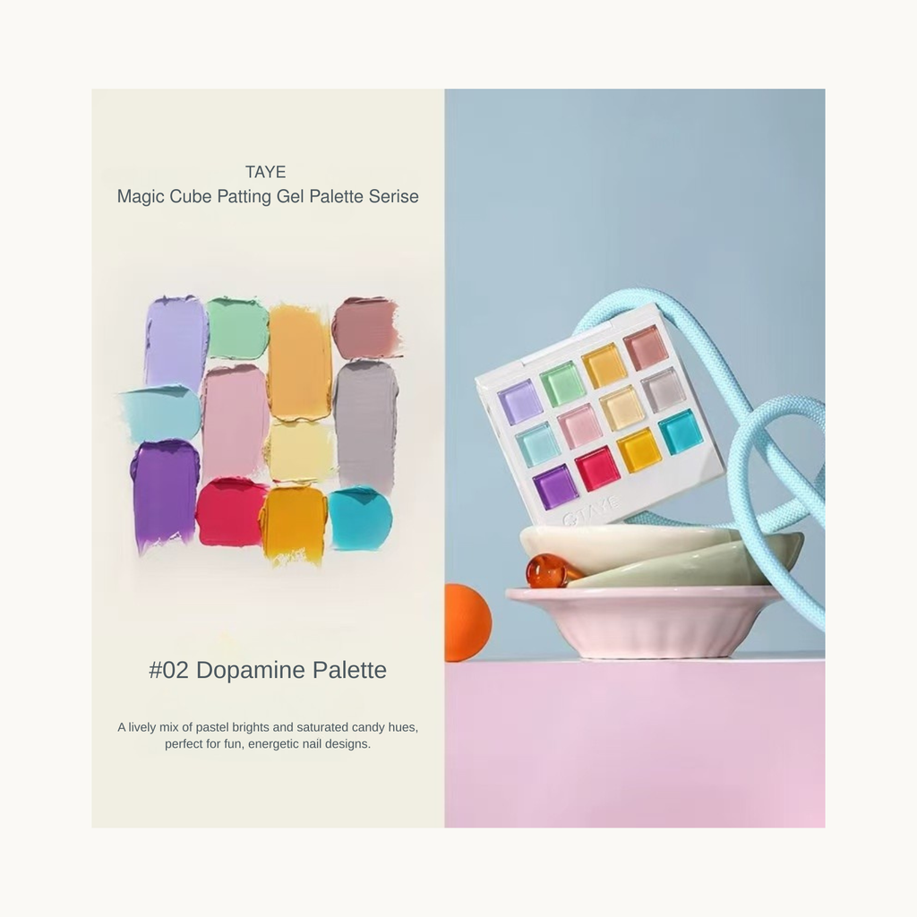 TAYE #02 Dopamine Palette with bright pastel candy-inspired gel shades for fun energetic nail art.