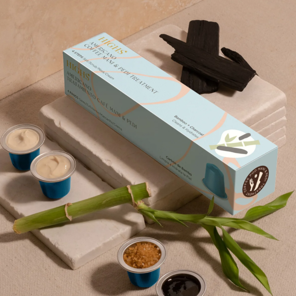 HIGHS Americano Coffee Mani Pedi Treatment Bamboo Charcoal hand and foot spa set with soak scrub mask lotion cups and bamboo props