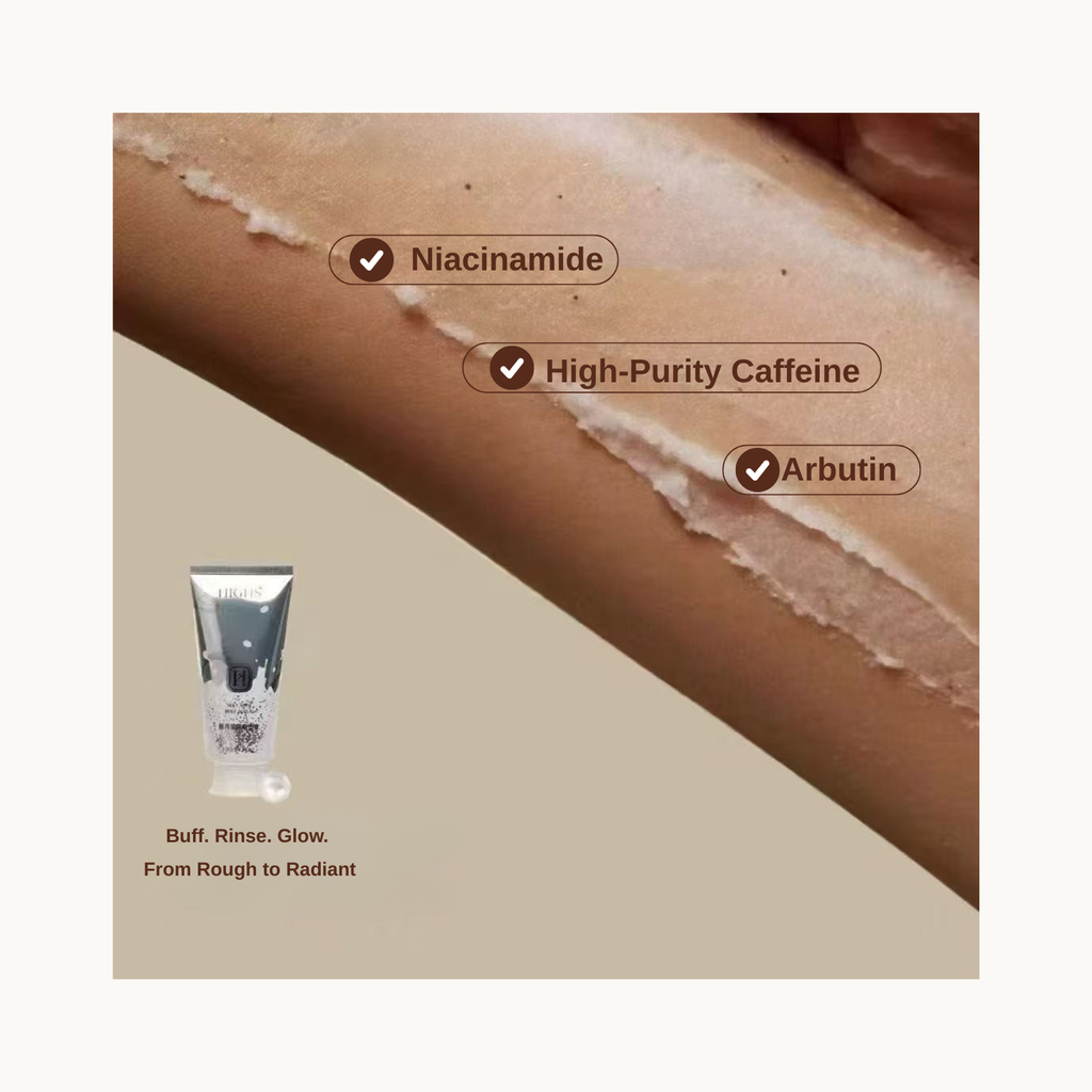 HIGHS brightening body scrub applied on skin with niacinamide caffeine and arbutin exfoliating formula
